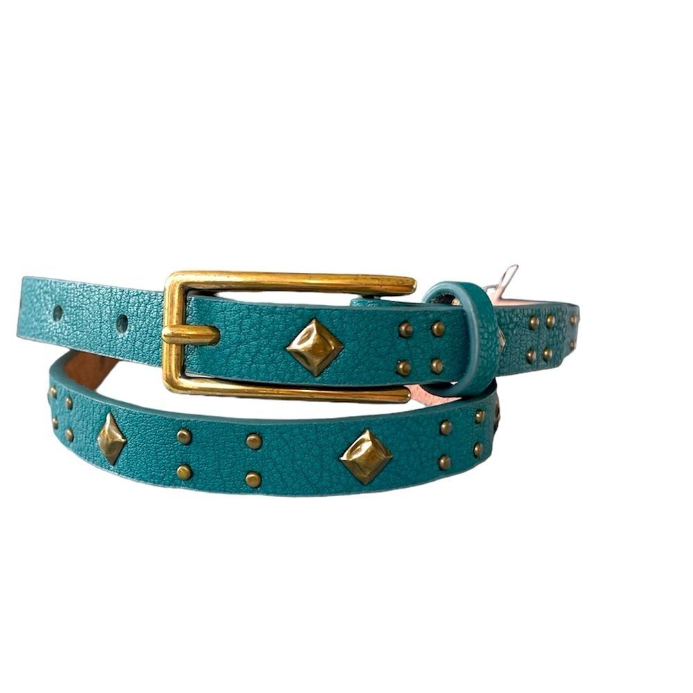 Nine West Women's Leather Belt Sz M Bronze Tone Buckle & Studded Teal Green NWT
